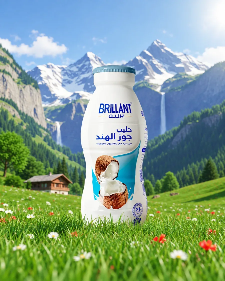 عبوة حليب برلنت بنكهة جوز الهند في مرج أخضر بين الجبال
